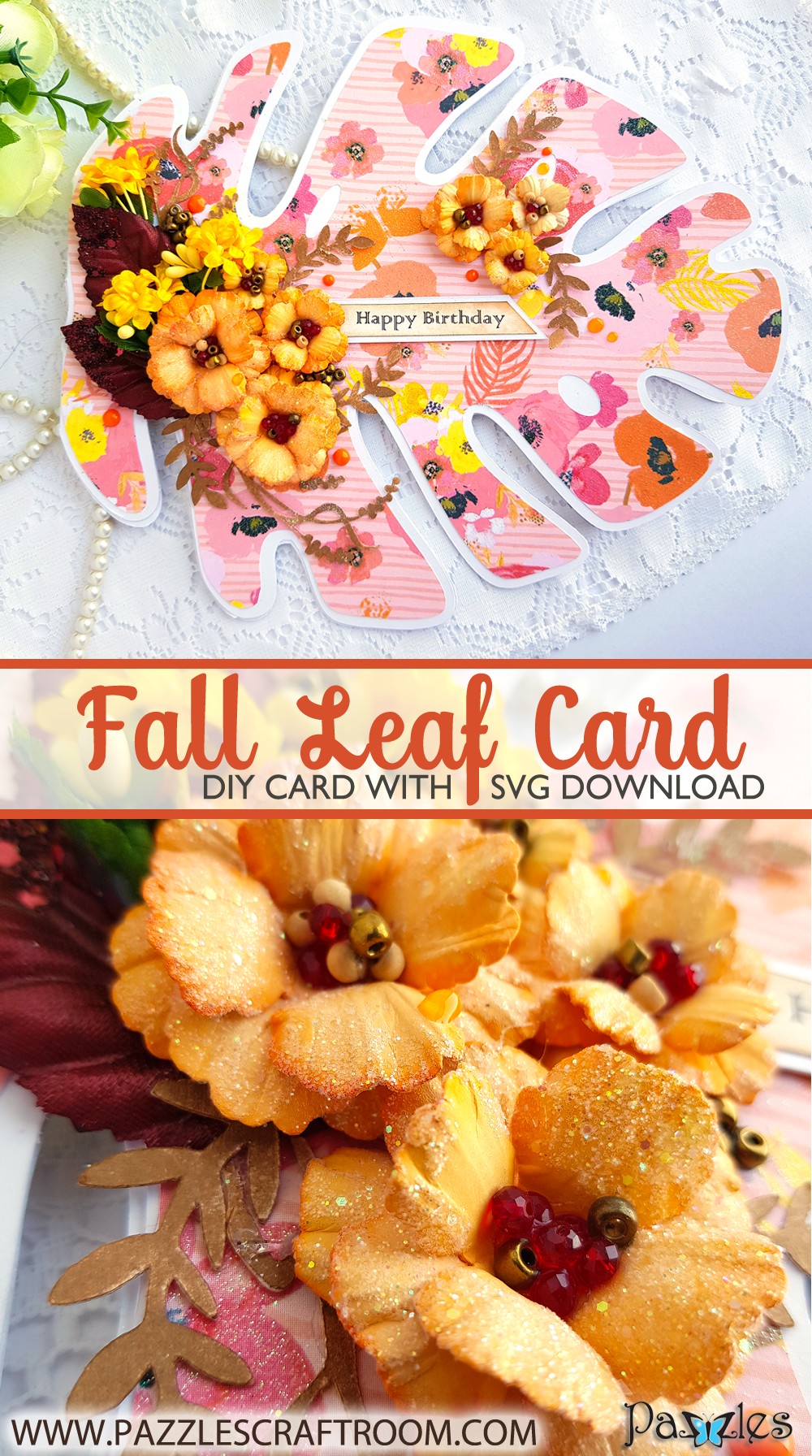 Pazzles DIY Fall Leaf Shaped Card by Nida Tanweer. SVG download compatible with most major electronic cutters including Pazzles Inspiration, Cricut, and Silhouette Cameo.