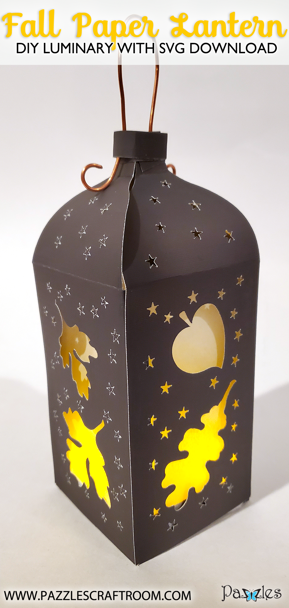 Pazzles DIY Fall Paper Lantern with instant SVG download. Compatible with all major electronic cutters including Pazzles Inspiration, Cricut, and Silhouette Cameo. Design by Renee Smart.