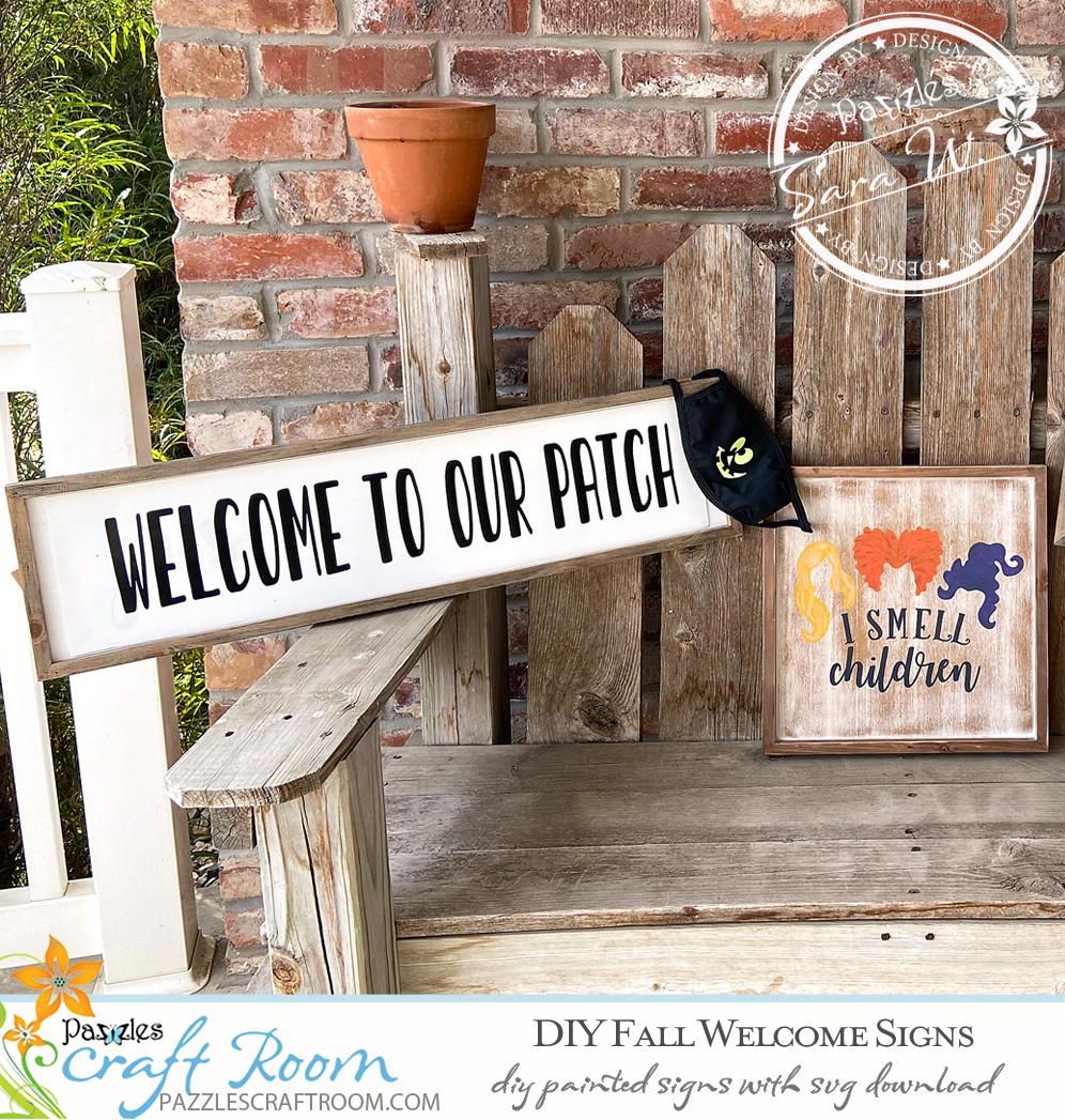 Pazzles DIY Fall Welcome Signs with instant SVG download. Compatible with all major electronic cutters including Pazzles Inspiration, Cricut, and Silhouette Cameo. Design by Sara Weber.