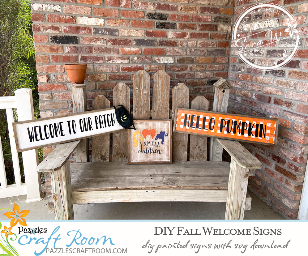 Pazzles DIY Fall Welcome Signs with instant SVG download. Compatible with all major electronic cutters including Pazzles Inspiration, Cricut, and Silhouette Cameo. Design by Sara Weber.