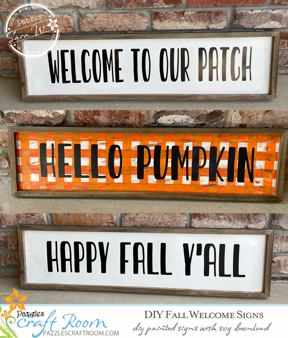 Pazzles DIY Fall Welcome Signs with instant SVG download. Compatible with all major electronic cutters including Pazzles Inspiration, Cricut, and Silhouette Cameo. Design by Sara Weber.