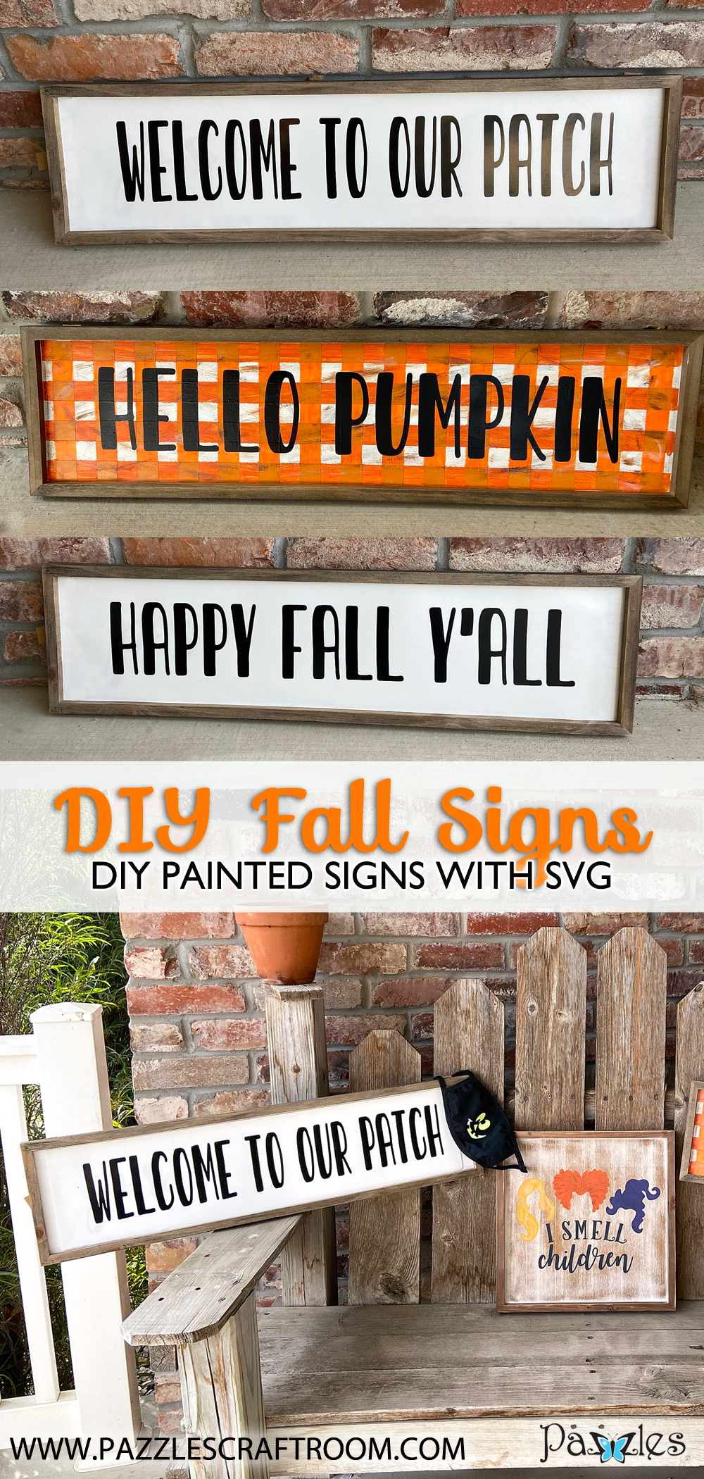 Pazzles DIY Fall Welcome Signs with instant SVG download. Compatible with all major electronic cutters including Pazzles Inspiration, Cricut, and Silhouette Cameo. Design by Sara Weber.