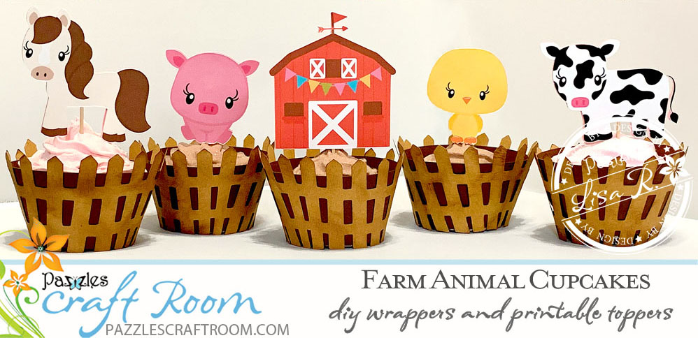 Pazzles DIY Farm Animal Cupcakes with Wrappers and Printable Topper: Horse, Pig, barn, chick, and cow by Lisa Reyna