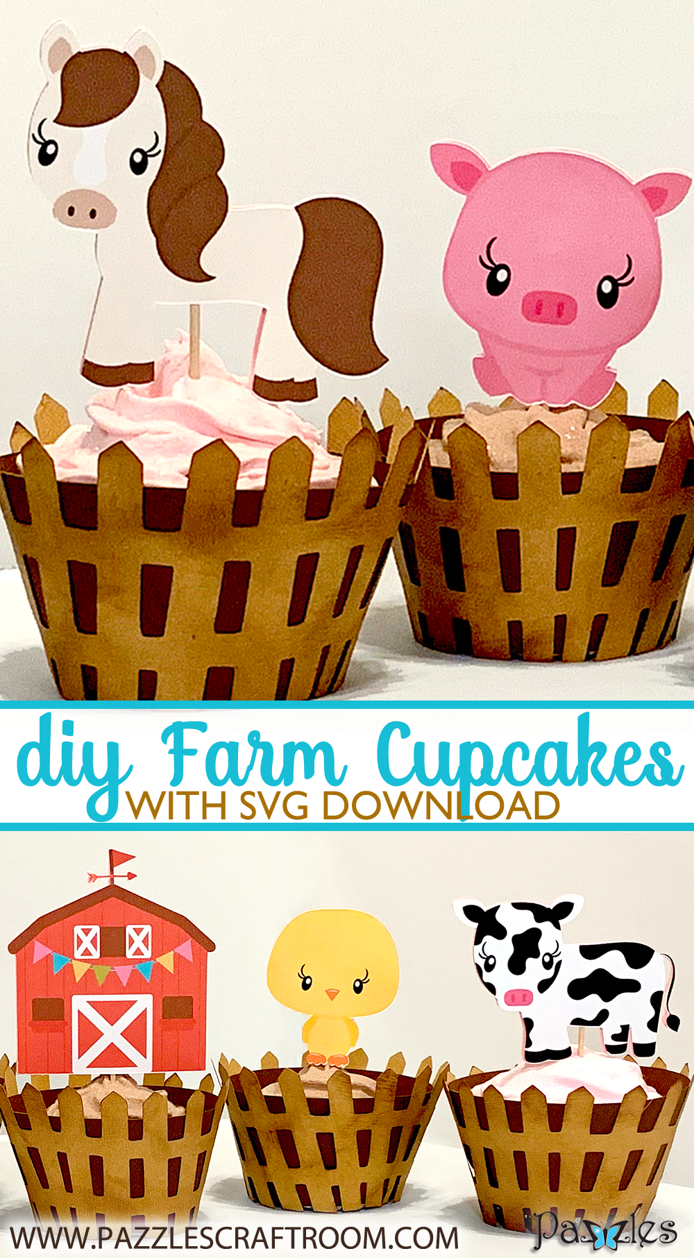 Pazzles DIY Farm Animal Cupcakes with Wrappers and Printable Topper: Horse, Pick, barn, chick, and cow by Lisa Reyna