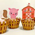 Pazzles DIY Farm Animal Cupcakes with Wrappers and Printable Topper: Horse, Pick, barn, chick, and cow by Lisa Reyna