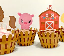 Pazzles DIY Farm Animal Cupcakes with Wrappers and Printable Topper: Horse, Pick, barn, chick, and cow by Lisa Reyna