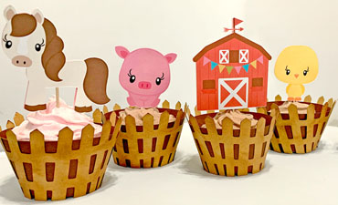 Pazzles DIY Farm Animal Cupcakes with Wrappers and Printable Topper: Horse, Pick, barn, chick, and cow by Lisa Reyna