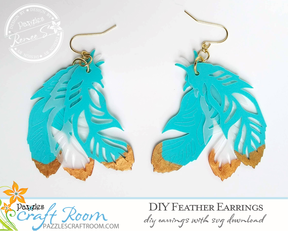 Pazzles DIY Feather Earrings with instant SVG download. Compatible with all major electronic cutters including Pazzles Inspiration, Cricut, and Silhouette Cameo. Design by Renee Smart.