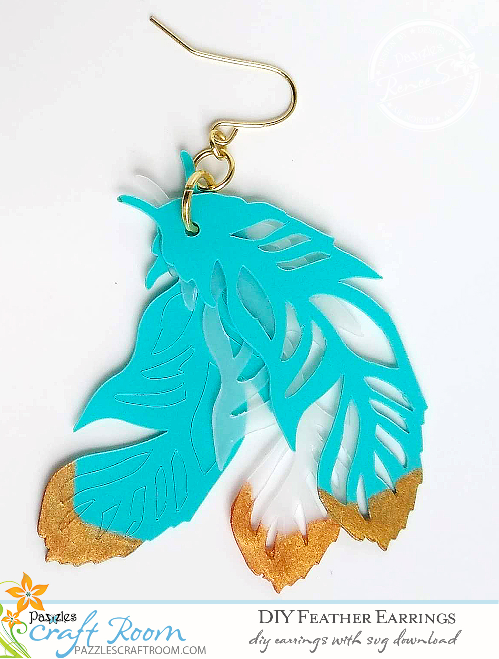 Pazzles DIY Feather Earrings with instant SVG download. Compatible with all major electronic cutters including Pazzles Inspiration, Cricut, and Silhouette Cameo. Design by Renee Smart.