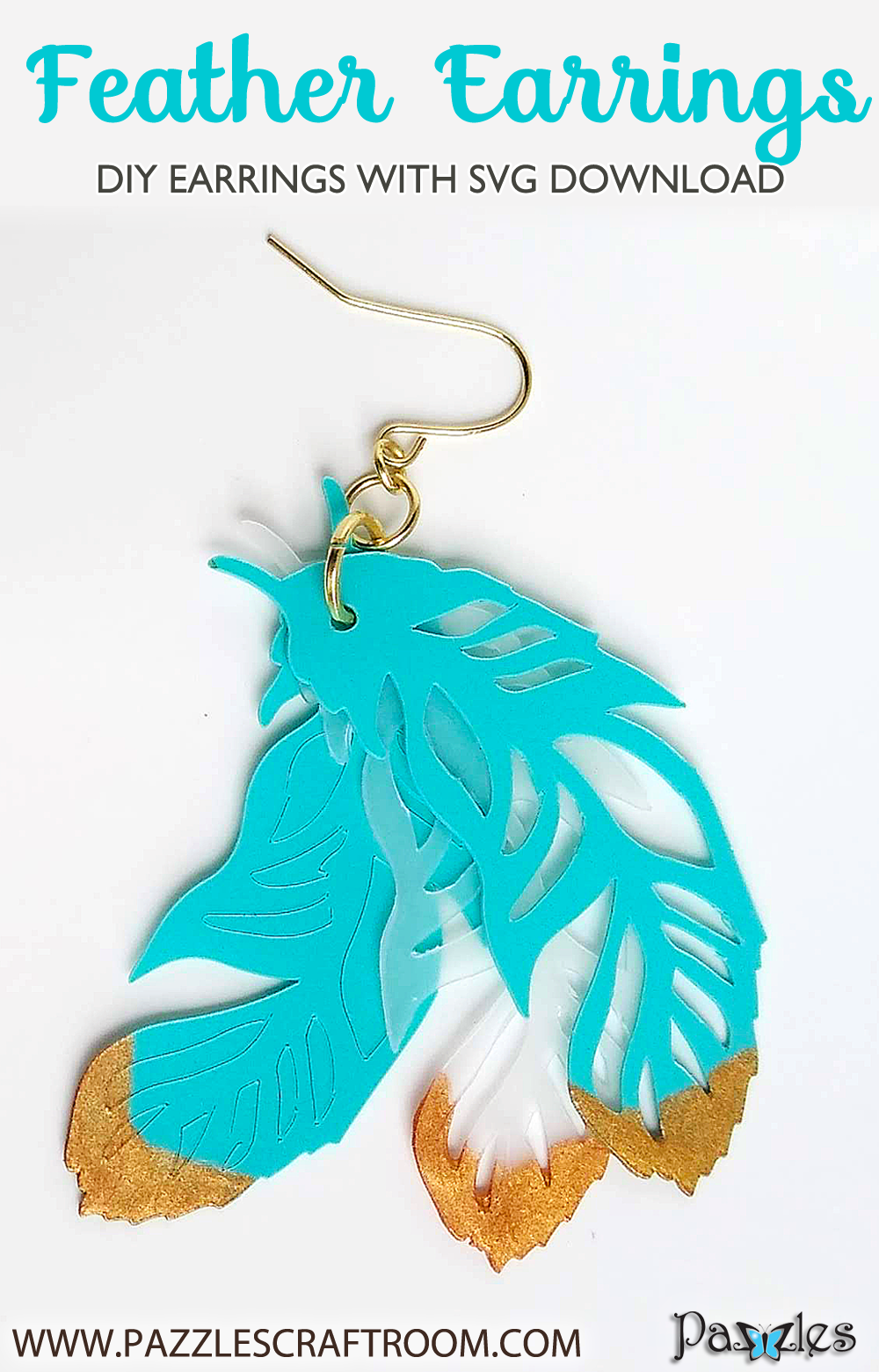 Pazzles DIY Feather Earrings with instant SVG download. Compatible with all major electronic cutters including Pazzles Inspiration, Cricut, and Silhouette Cameo. Design by Renee Smart.