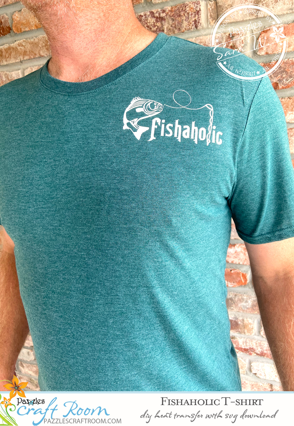 Pazzles Fishaholic DIY Fishing T-shirt with instant SVG download. Instant SVG download compatible with all major electronic cutters including Pazzles Inspiration, Cricut, and Silhouette Cameo. Design by Sara Weber.