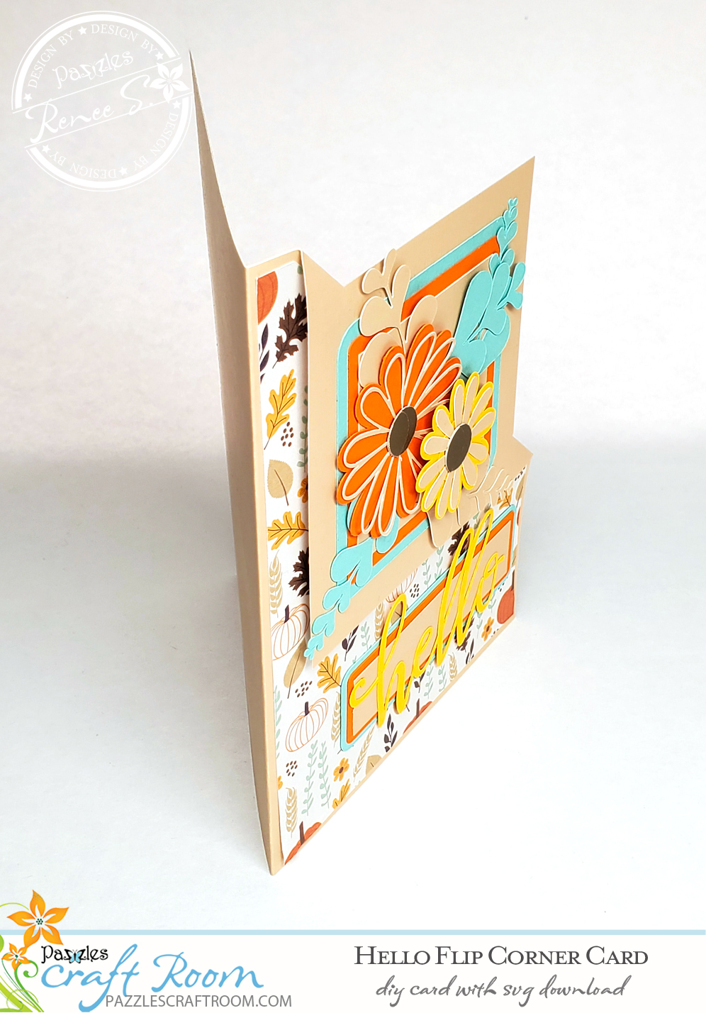 Pazzles DIY Hello Flip Corner Card with instant SVG download. Compatible with all major electronic cutters including Pazzles Inspiration, Cricut, and Silhouette Cameo. Design by Renee Smart.