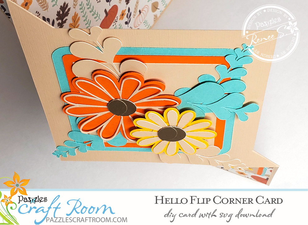 Pazzles DIY Hello Flip Corner Card with instant SVG download. Compatible with all major electronic cutters including Pazzles Inspiration, Cricut, and Silhouette Cameo. Design by Renee Smart.