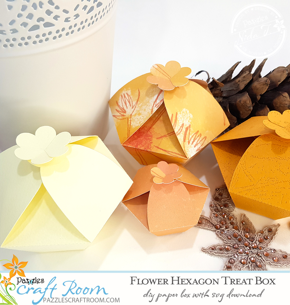 Pazzles DIY Flower Hexagon Treat Box. Instant SVG download compatible with all major electronic cutters including Pazzles Inspiration, Cricut, and Silhouette Cameo. Design by Nida Tanweer.
