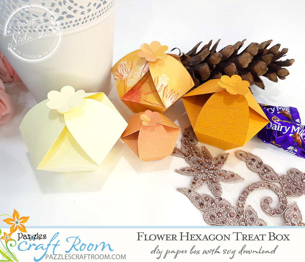 Pazzles DIY Flower Hexagon Treat Box. Instant SVG download compatible with all major electronic cutters including Pazzles Inspiration, Cricut, and Silhouette Cameo. Design by Nida Tanweer.