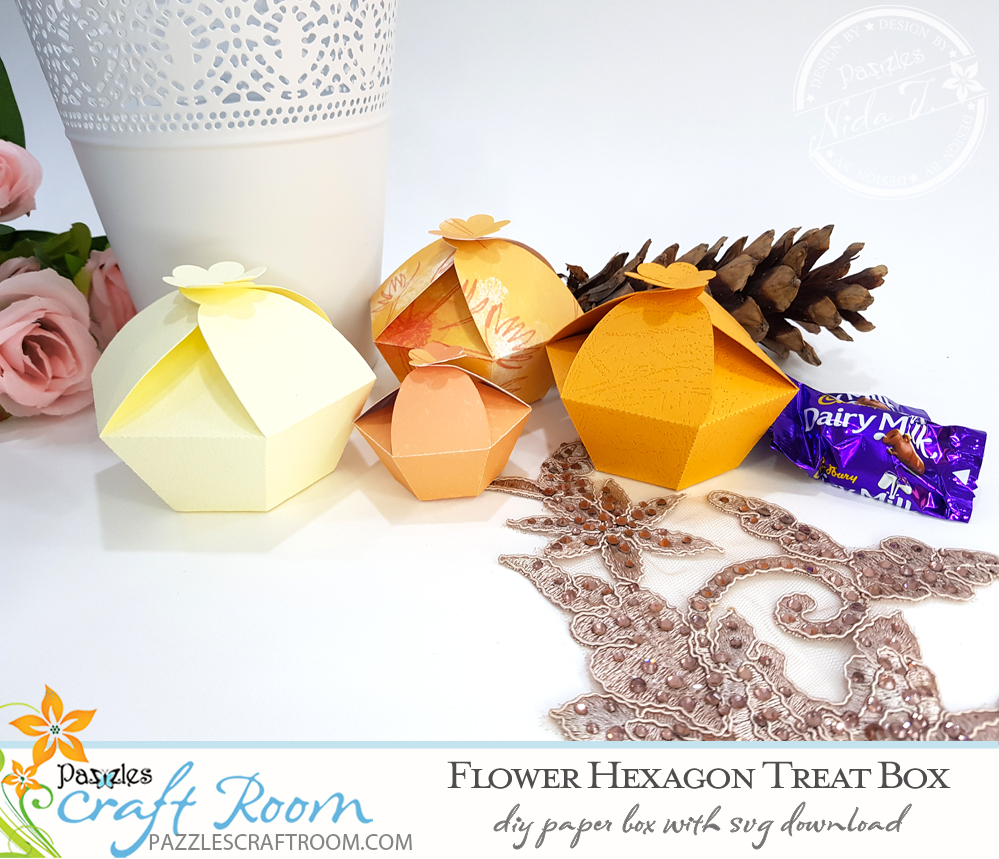 Pazzles DIY Flower Hexagon Treat Box. Instant SVG download compatible with all major electronic cutters including Pazzles Inspiration, Cricut, and Silhouette Cameo. Design by Nida Tanweer.