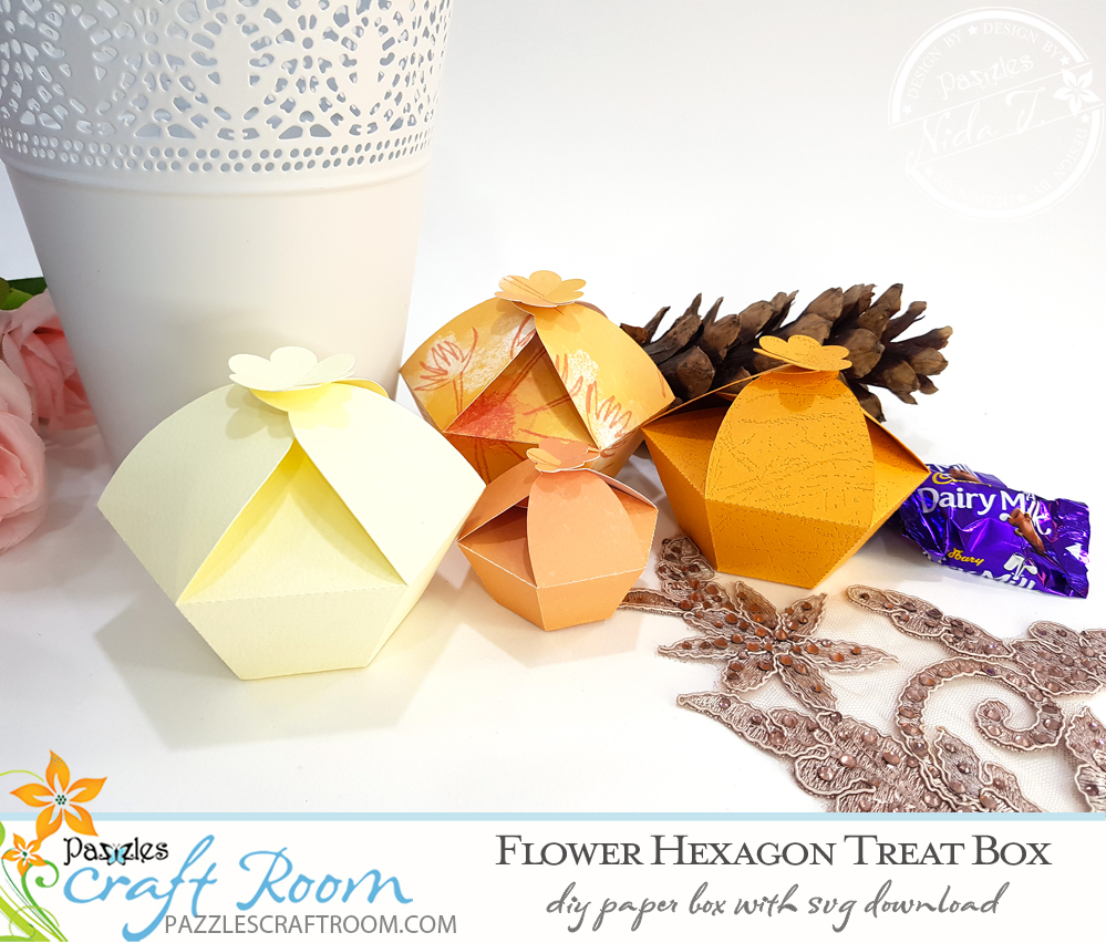 Pazzles DIY Flower Hexagon Treat Box. Instant SVG download compatible with all major electronic cutters including Pazzles Inspiration, Cricut, and Silhouette Cameo. Design by Nida Tanweer.