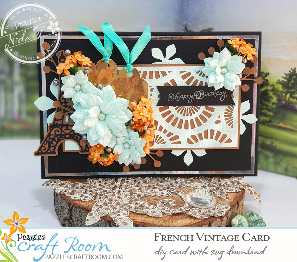 Pazzles DIY French Vintage Card for birthday with instant SVG download. Compatible with all major electronic cutters including Pazzles Inspiration, Cricut, and Silhouette Cameo. Design by Nida Tanweer.