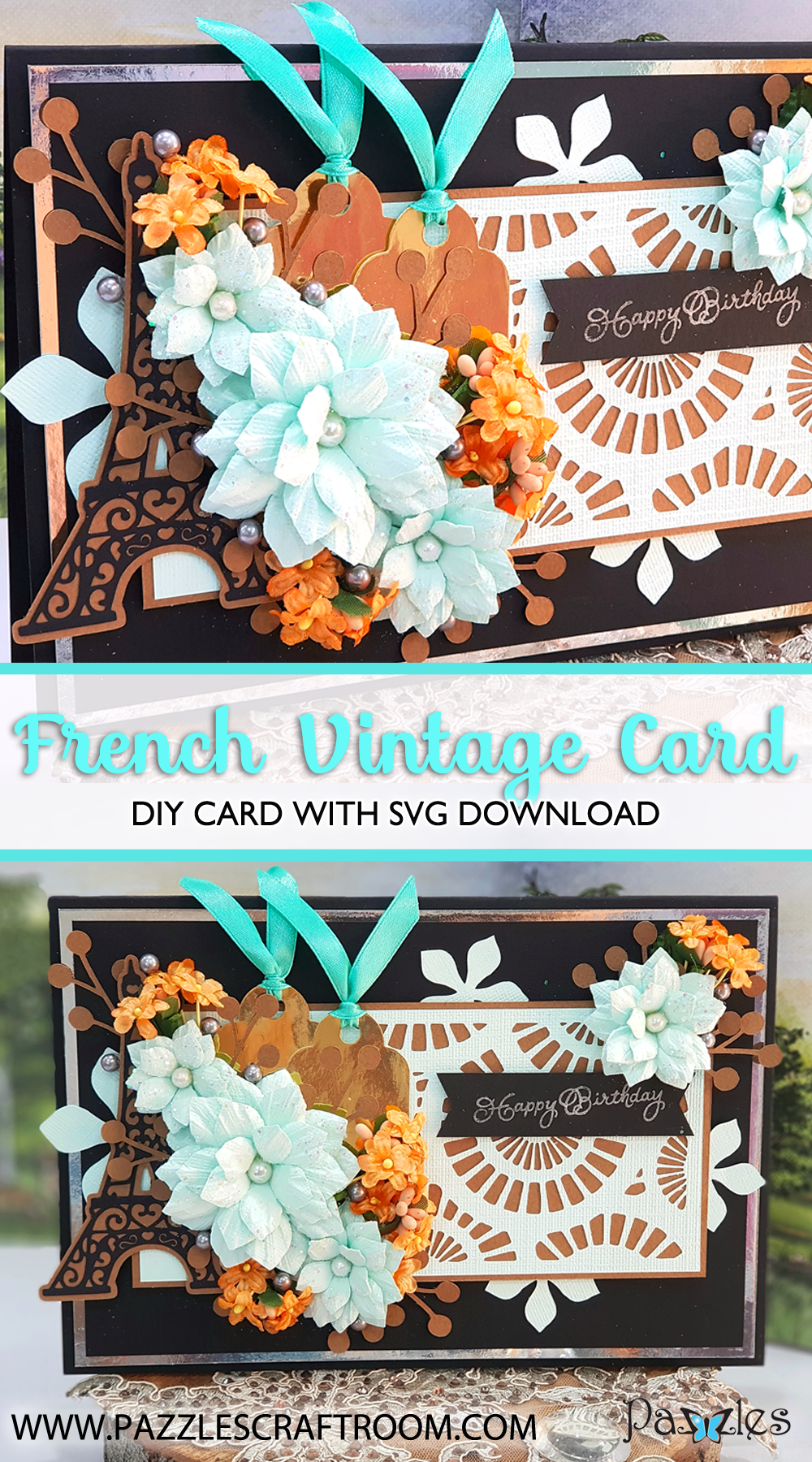 Pazzles DIY French Vintage Card for birthday with instant SVG download. Compatible with all major electronic cutters including Pazzles Inspiration, Cricut, and Silhouette Cameo. Design by Nida Tanweer.