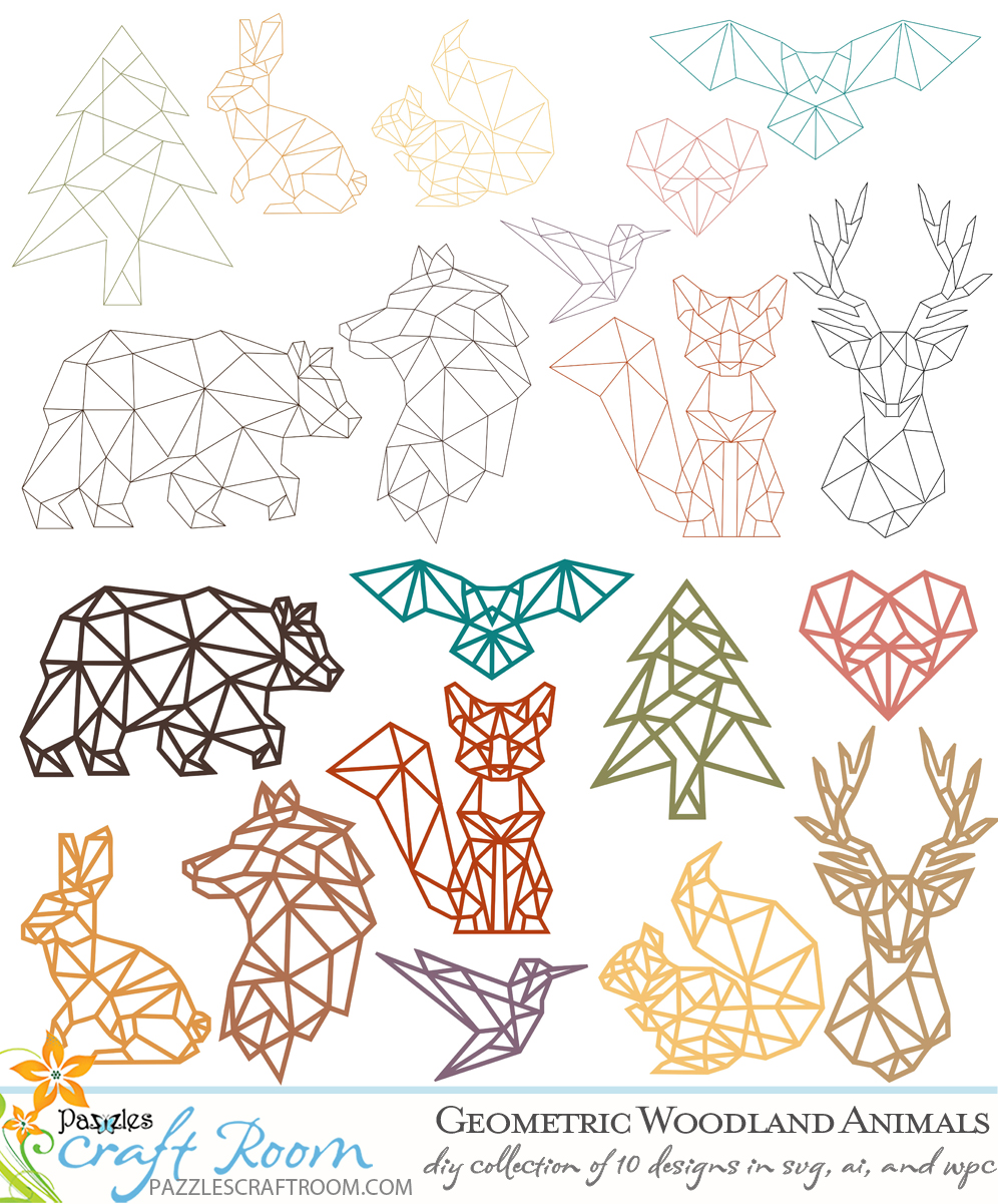 Pazzles SVG instant download collection of geometric woodland animals. Available in AI, SVG, and WPC. Compatible with all major electronic cutters including Pazzles Inspiration, Cricut, and Silhouette Cameo.