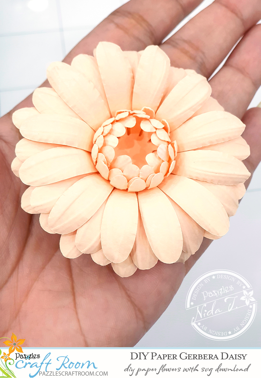 Pazzles DIY Paper Gerbera Daisy with instant SVG download. Compatible with all major electronic cutters including Pazzles Inspiration, Cricut, and Silhouette Cameo. Design by Nida Tanweer. 