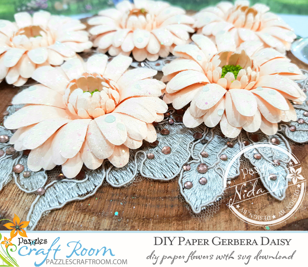 Pazzles DIY Paper Gerbera Daisy with instant SVG download. Compatible with all major electronic cutters including Pazzles Inspiration, Cricut, and Silhouette Cameo. Design by Nida Tanweer. 