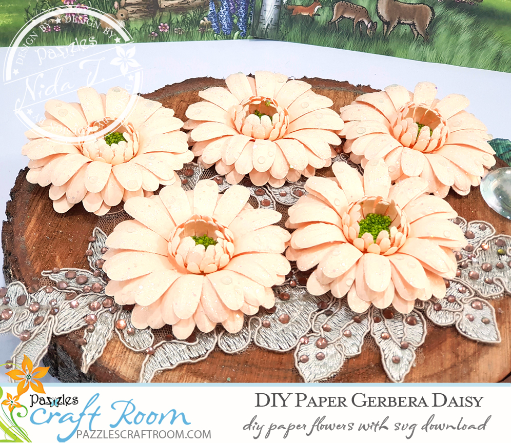 Pazzles DIY Paper Gerbera Daisy with instant SVG download. Compatible with all major electronic cutters including Pazzles Inspiration, Cricut, and Silhouette Cameo. Design by Nida Tanweer. 