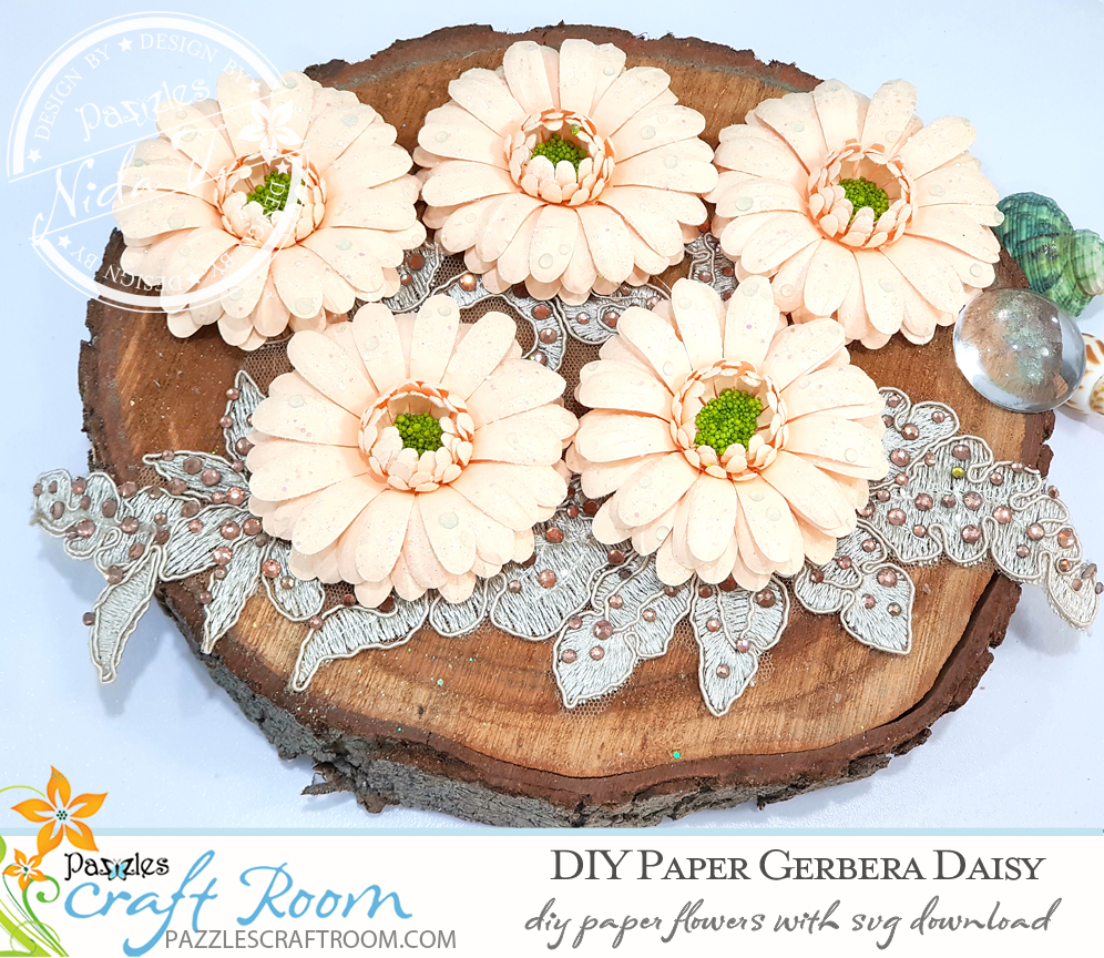 Pazzles DIY Paper Gerbera Daisy with instant SVG download. Compatible with all major electronic cutters including Pazzles Inspiration, Cricut, and Silhouette Cameo. Design by Nida Tanweer. 