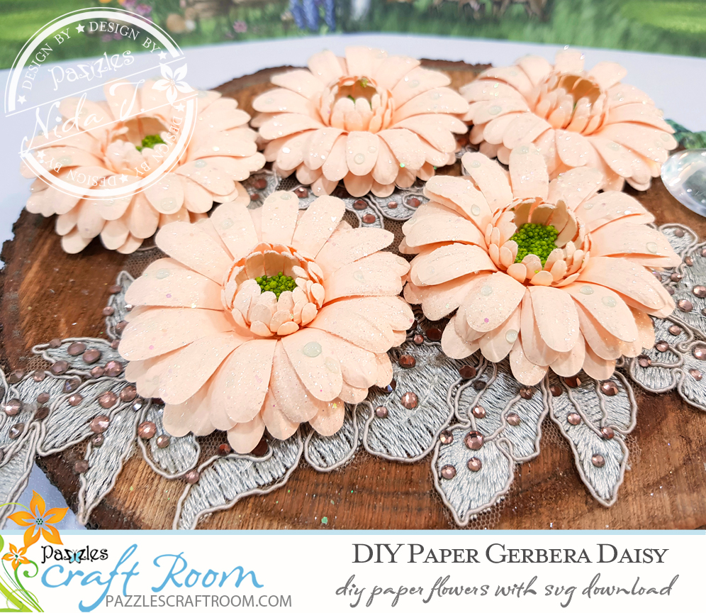 Pazzles DIY Paper Gerbera Daisy with instant SVG download. Compatible with all major electronic cutters including Pazzles Inspiration, Cricut, and Silhouette Cameo. Design by Nida Tanweer. 