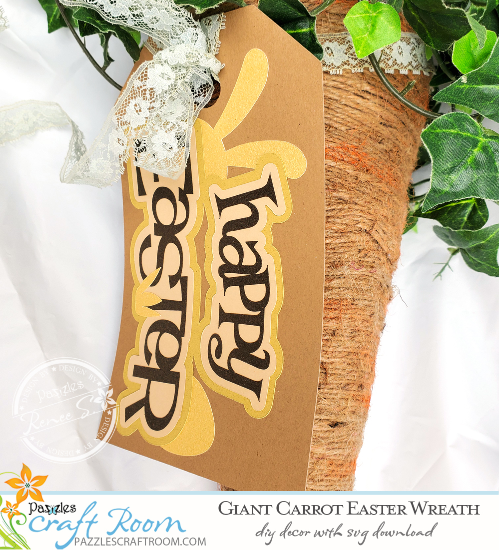 Pazzles DIY Giant Carrot Easter Wreath with instant SVG download. Instant SVG download compatible with all major electronic cutters including Pazzles Inspiration, Cricut, and Silhouette Cameo. Design by Renee Smart. 