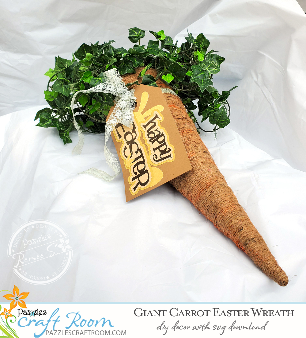 Pazzles DIY Giant Carrot Easter Wreath with instant SVG download. Instant SVG download compatible with all major electronic cutters including Pazzles Inspiration, Cricut, and Silhouette Cameo. Design by Renee Smart. 