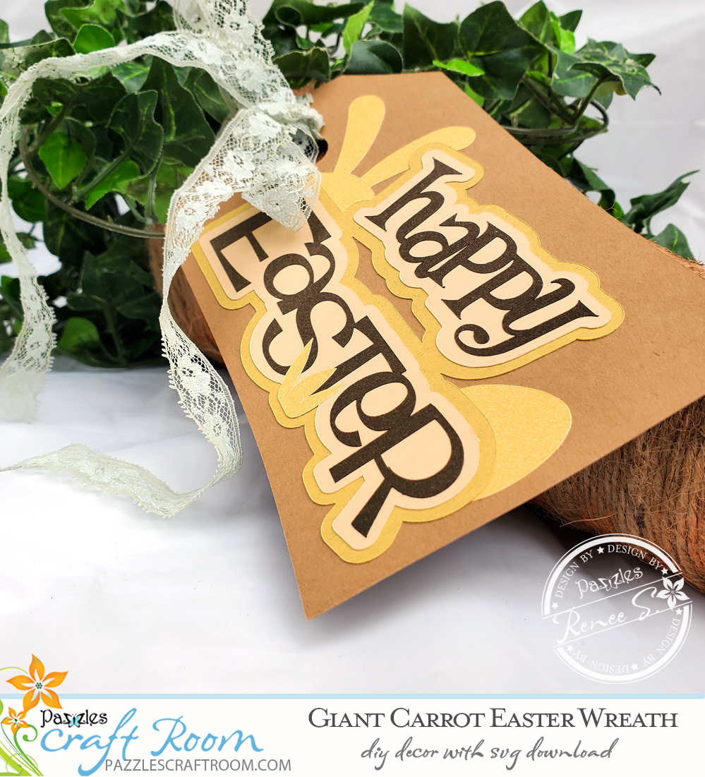 Pazzles DIY Giant Carrot Easter Wreath with instant SVG download. Instant SVG download compatible with all major electronic cutters including Pazzles Inspiration, Cricut, and Silhouette Cameo. Design by Renee Smart. 