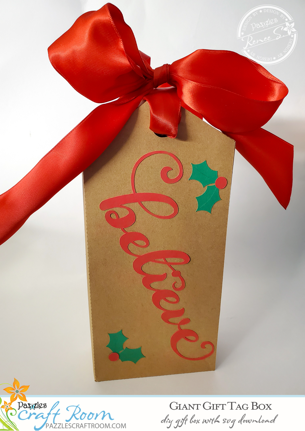 Pazzles DIY giant gift tag box with instant SVG download. Compatible with all major electronic cutters including Pazzles Inspiration, Cricut, and Silhouette Cameo. Design by Renee Smart.