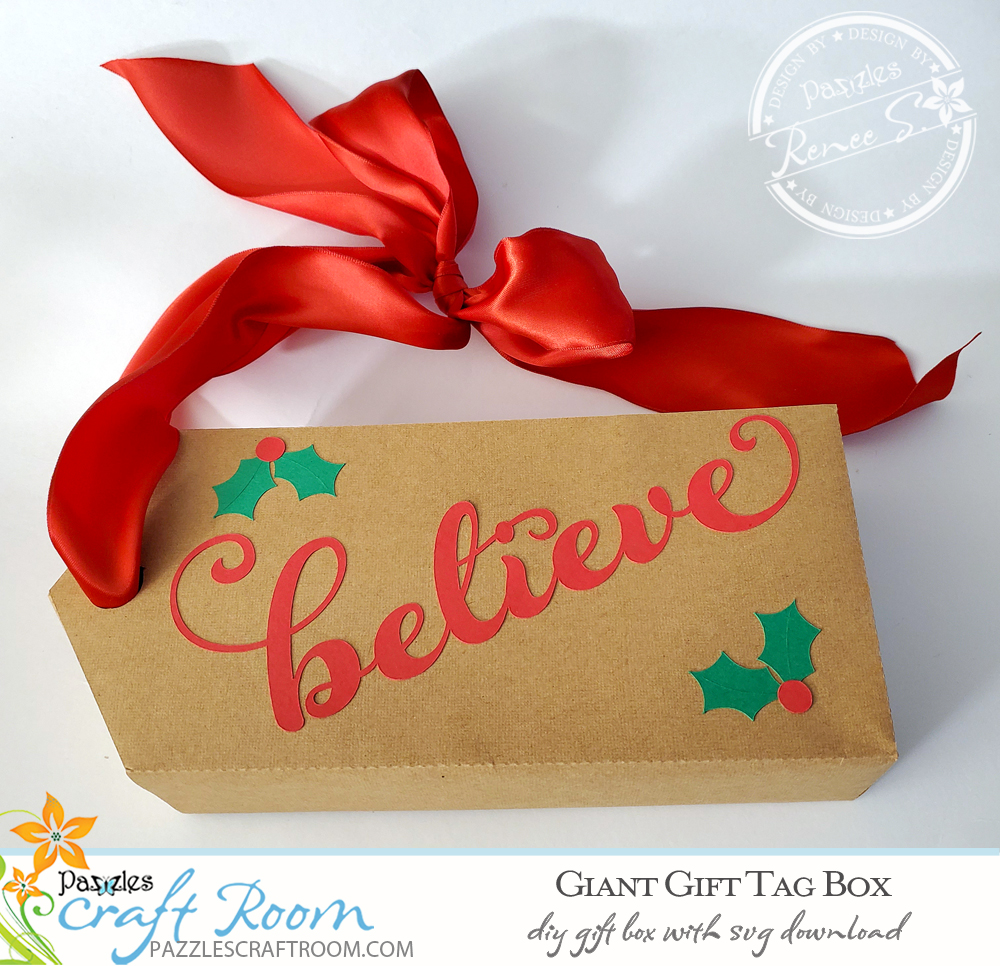 Pazzles DIY giant gift tag box with instant SVG download. Compatible with all major electronic cutters including Pazzles Inspiration, Cricut, and Silhouette Cameo. Design by Renee Smart.