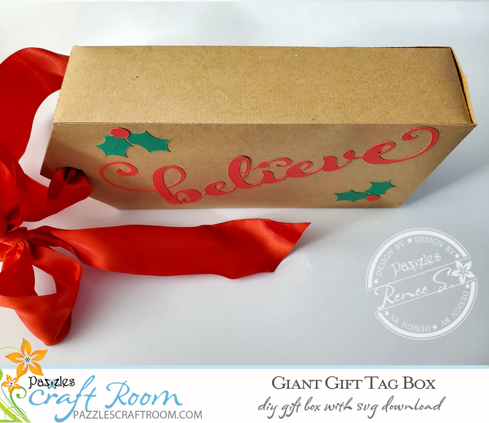 Pazzles DIY giant gift tag box with instant SVG download. Compatible with all major electronic cutters including Pazzles Inspiration, Cricut, and Silhouette Cameo. Design by Renee Smart.