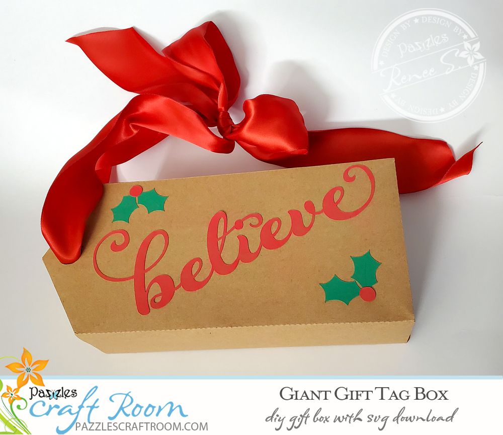 Pazzles DIY giant gift tag box with instant SVG download. Compatible with all major electronic cutters including Pazzles Inspiration, Cricut, and Silhouette Cameo. Design by Renee Smart.