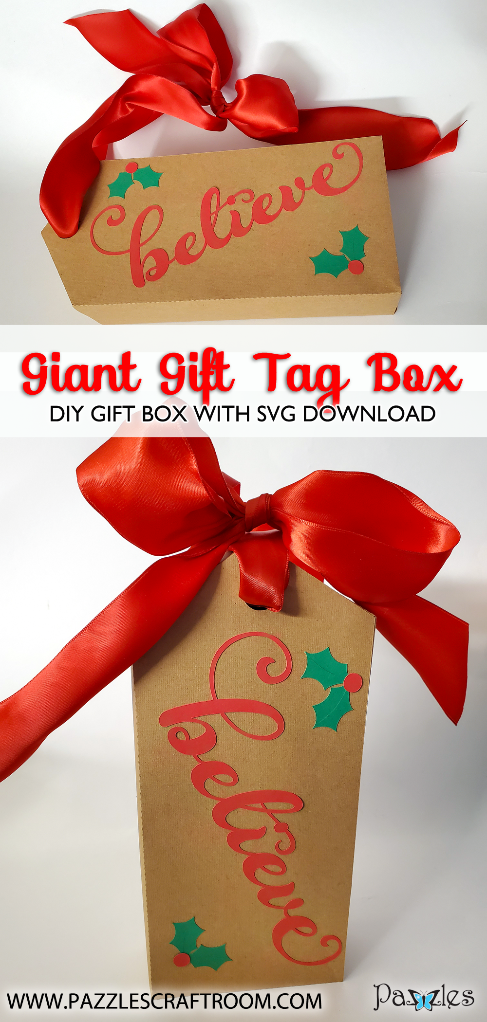 Pazzles DIY giant gift tag box with instant SVG download. Compatible with all major electronic cutters including Pazzles Inspiration, Cricut, and Silhouette Cameo. Design by Renee Smart.
