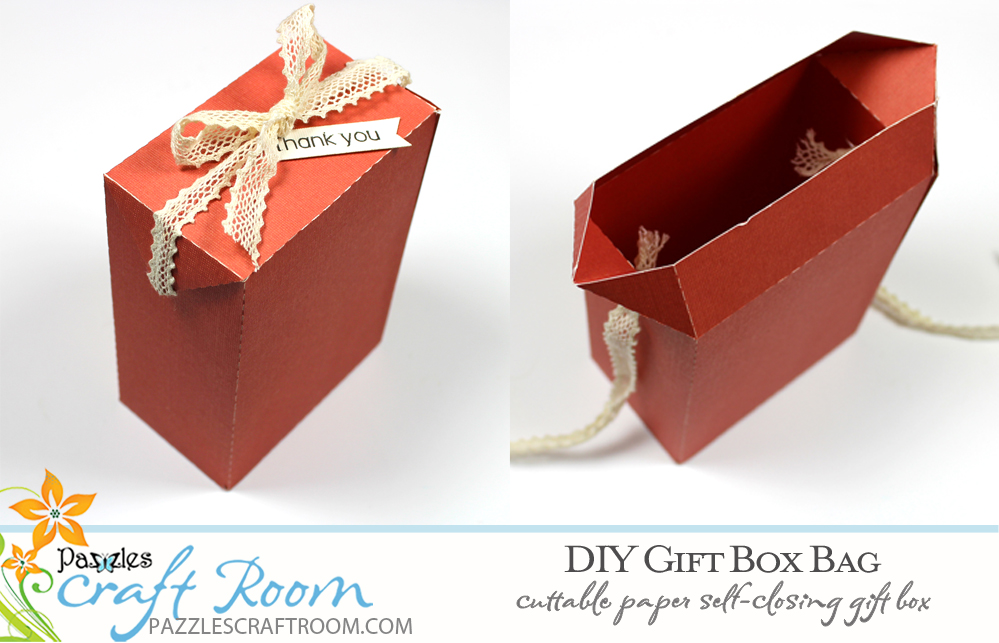 Pazzles DIY Gift Box Bag. Instant SVG download compatible with all major electronic cutters including Pazzles Inspiration, Cricut, and Silhouette Cameo. Design by Amanda Vander Woude.