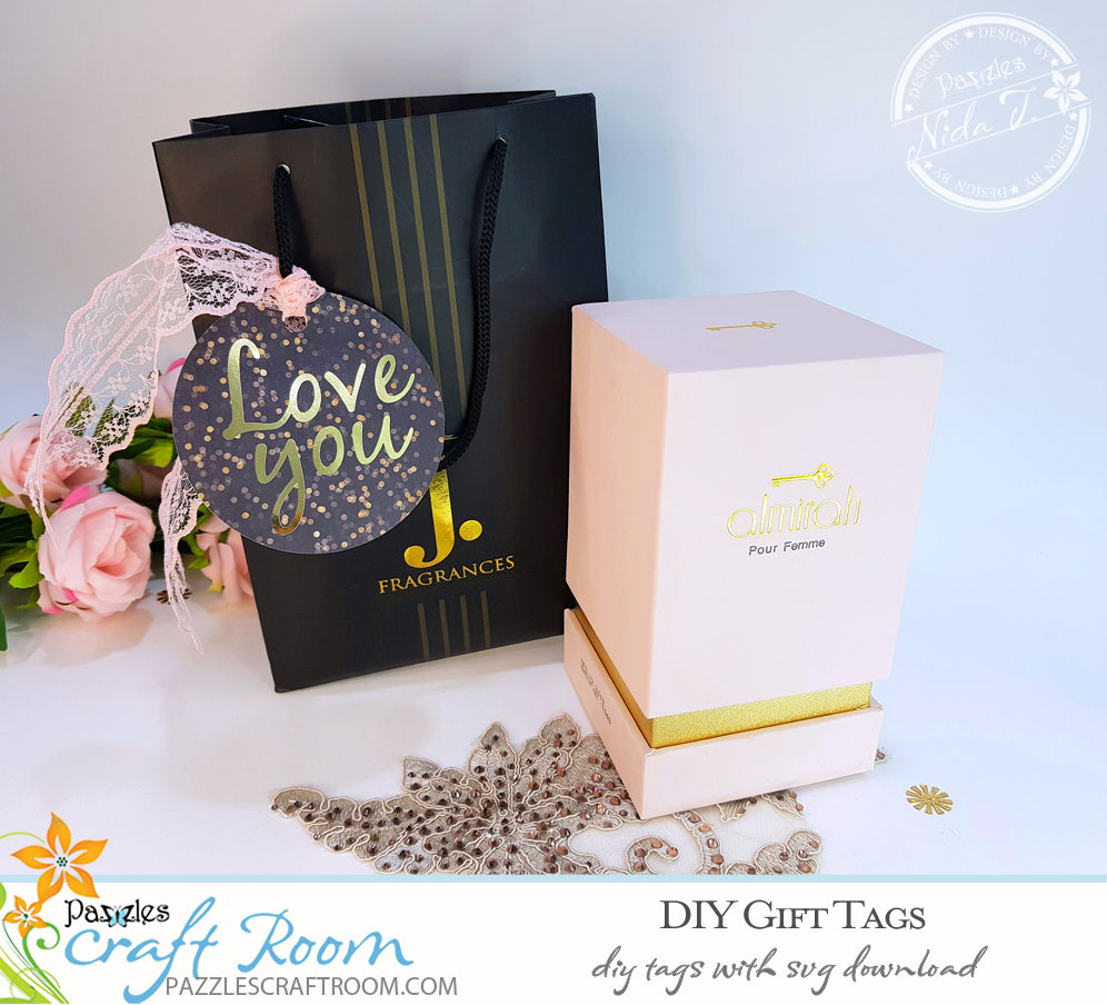 Pazzles DIY Gift Tag Set with instant SVG download. Compatible with all major electronic cutters including Pazzles Inspiration, Cricut, and Silhouette Cameo. Design by Nida Tanweer.