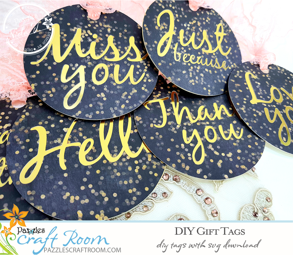 Pazzles DIY Gift Tag Set with instant SVG download. Compatible with all major electronic cutters including Pazzles Inspiration, Cricut, and Silhouette Cameo. Design by Nida Tanweer.