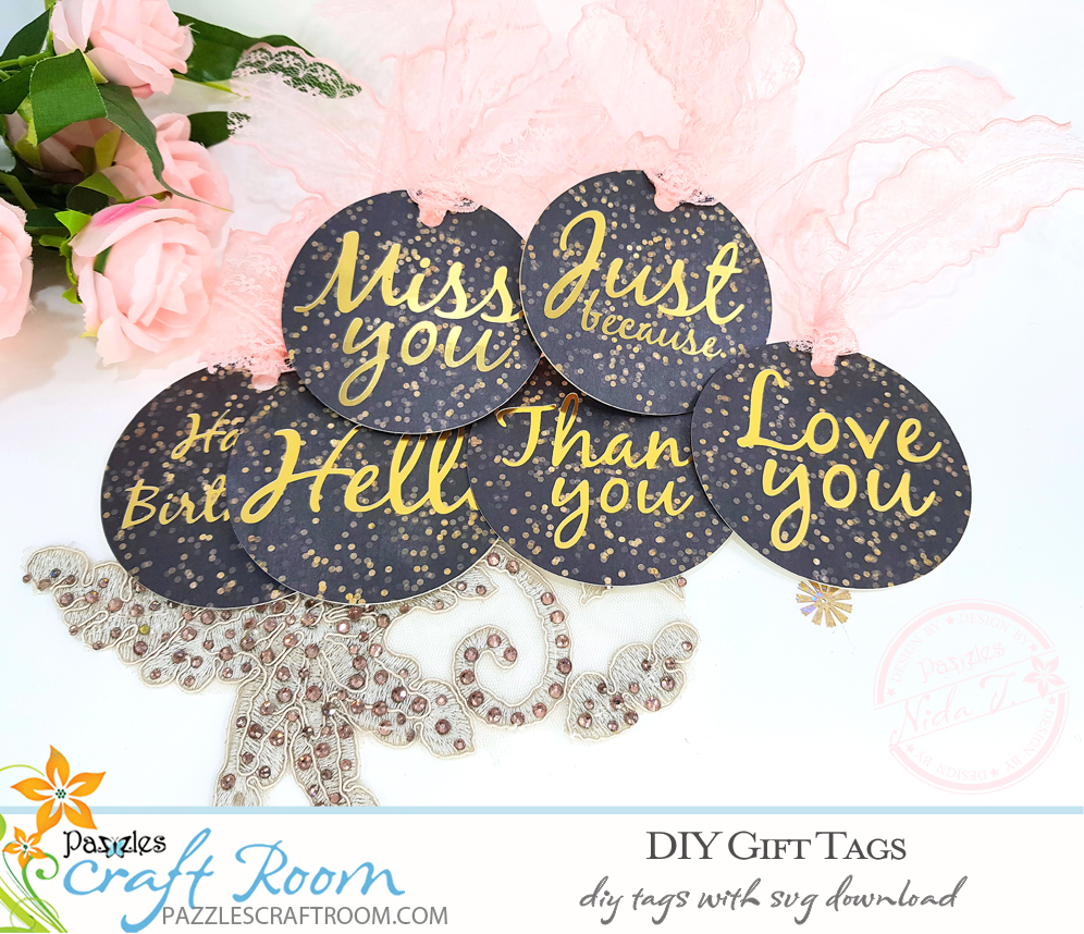 Pazzles DIY Gift Tag Set with instant SVG download. Compatible with all major electronic cutters including Pazzles Inspiration, Cricut, and Silhouette Cameo. Design by Nida Tanweer.