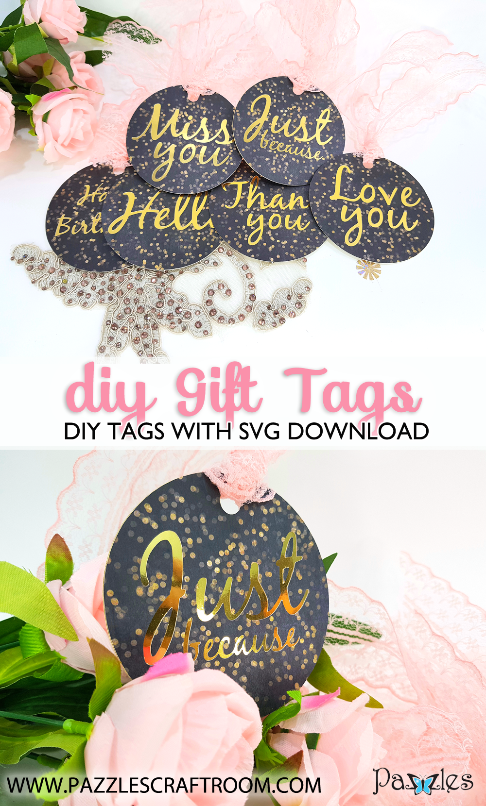 Pazzles DIY Gift Tag Set with instant SVG download. Compatible with all major electronic cutters including Pazzles Inspiration, Cricut, and Silhouette Cameo. Design by Nida Tanweer.