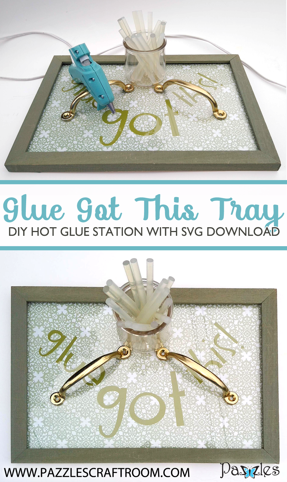 Pazzles DIY Hot Glue Station with instant SVG download. Compatible with all major electronic cutters including Pazzles Inspiration, Cricut, and Silhouette Cameo. Design by Renee Smart.