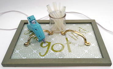 Pazzles DIY Hot Glue Station with instant SVG download. Compatible with all major electronic cutters including Pazzles Inspiration, Cricut, and SIlhouette Cameo. Design by Renee Smart.