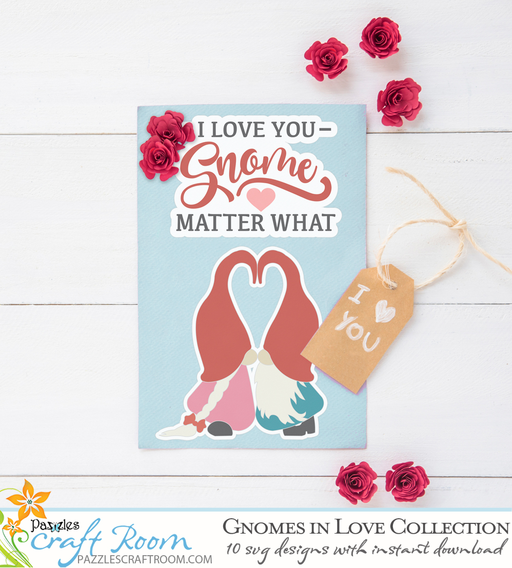 Pazzles Gnomes in Love SVG Collection of 10 Valentine's Day Gnomes in SVG, AI, and WPC. Instant download compatible with all major electronic cutters including Pazzles Inspiration, Cricut, and Silhouette Cameo. Design by Amanda Vander Woude.