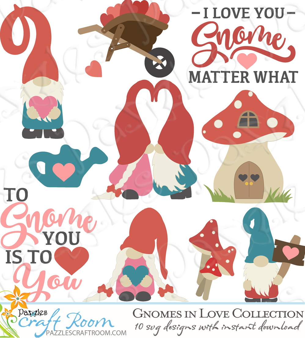 Pazzles Gnomes in Love SVG Collection of 10 Valentine's Day Gnomes in SVG, AI, and WPC. Instant download compatible with all major electronic cutters including Pazzles Inspiration, Cricut, and Silhouette Cameo. Design by Amanda Vander Woude.