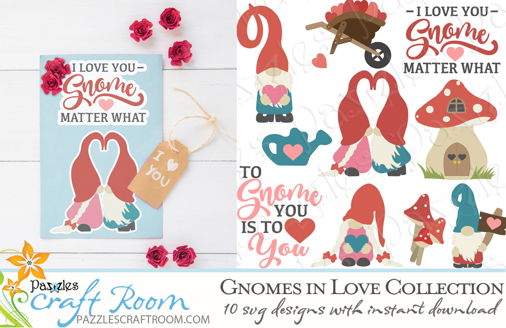 Pazzles Gnomes in Love SVG Collection of 10 Valentine's Day Gnomes in SVG, AI, and WPC. Instant download compatible with all major electronic cutters including Pazzles Inspiration, Cricut, and Silhouette Cameo. Design by Amanda Vander Woude.