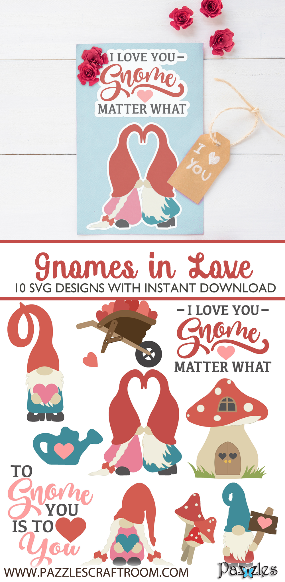 Pazzles Gnomes in Love SVG Collection of 10 Valentine's Day Gnomes in SVG, AI, and WPC. Instant download compatible with all major electronic cutters including Pazzles Inspiration, Cricut, and Silhouette Cameo. Design by Amanda Vander Woude.