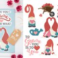 Pazzles Gnomes in Love Collection of 10 Valentine's Day Gnomes in SVG, AI, and WPC. Instant download compatible with all major electronic cutters including Pazzles Inspiration, Cricut, and Silhouette Cameo. Design by Amanda Vander Woude.