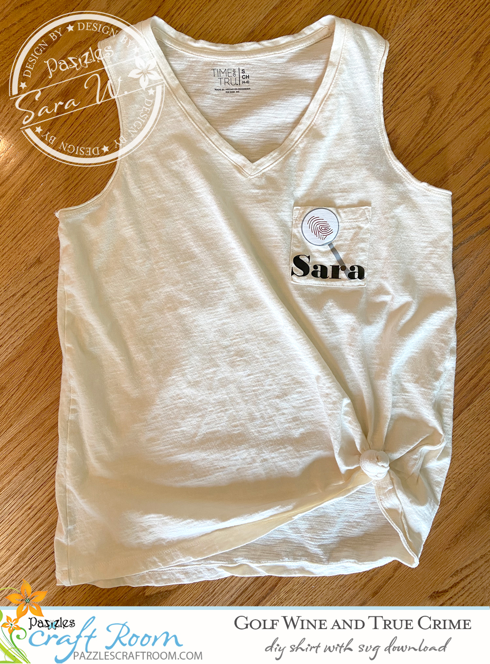 Pazzles DIY Golf Wine and True Crime shirt with instant SVG download. Compatible with all major electronic cutters including Pazzles Inspiration, Cricut, and Silhouette Cameo. Design by Sara Weber.